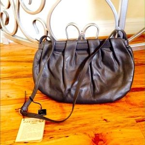 NWT Vintage Anne Klein Deep Grey Leather Clutch w/Strap